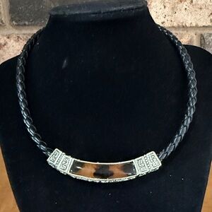 Black leather necklace silver tone & tortoise shell reversible magnetic closure